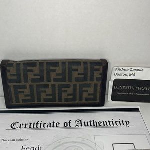 Authentic FENDI Zucchino, canvas and leather brown bifold wallet with COA